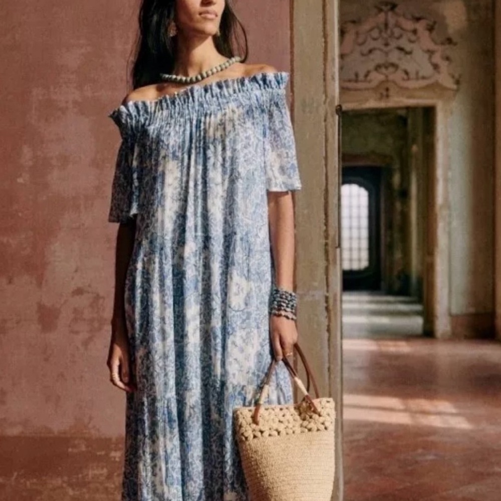 Sezane Women’s Ceres Alcazar Blue Off Shoulder Flutter Sleeve Floral Midi Dress